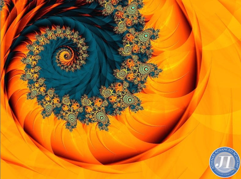 Blue and orange Fibonacci spiral for Mathematical Poetry course at Athena's Advanced Academy