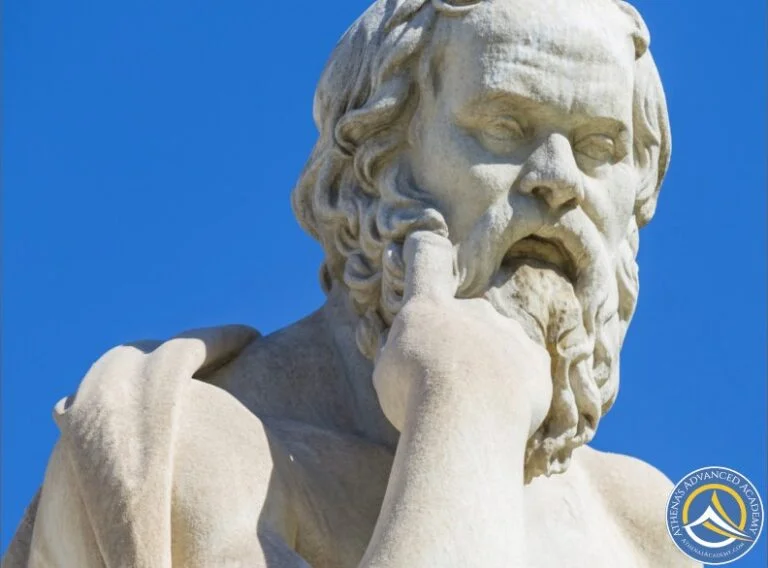 Socrates ponders philosophical thoughts for the Philosophy course at Athena's Advanced Academy