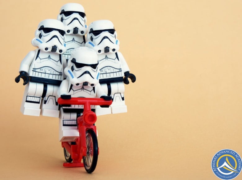 LEGO Stormtroopers on a bicycle for Star Wars Camp at Athena's Advanced Academy